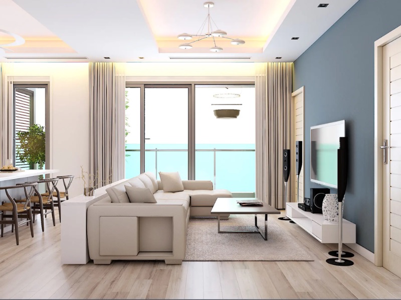 Thi công nội thất căn hộ 50m² với phòng khách liền bếp, sử dụng gam màu sáng