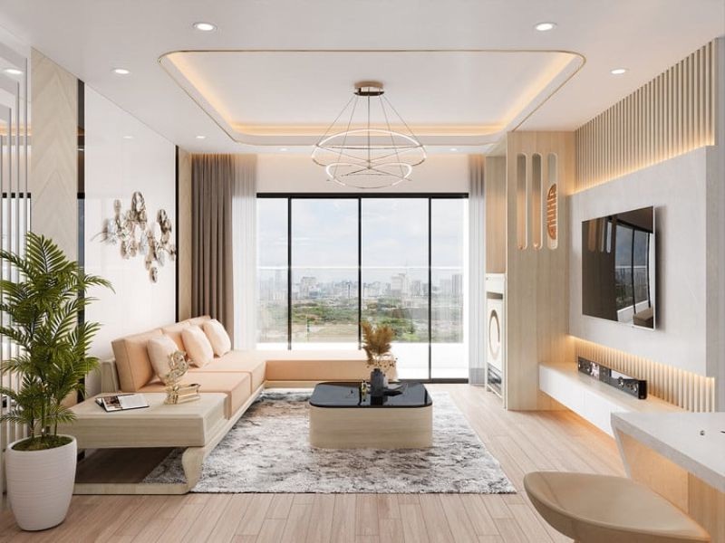 Không gian căn hộ 70m² tràn ngập ánh sáng tự nhiên, kết hợp màu sắc hài hòa và hệ đèn chiếu sáng thông minh