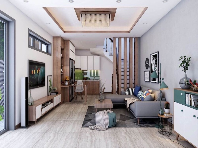Phòng khách liền bếp trẻ trung, tận dụng tối đa ánh sáng tự nhiên và nội thất gỗ hiện đại, ấm cúng